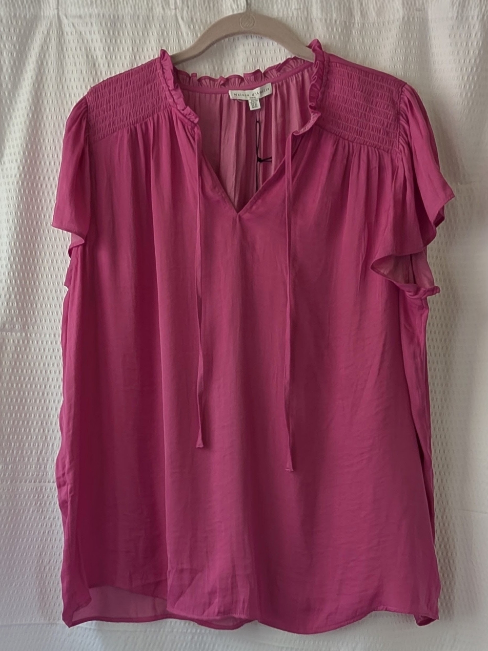Fuchsia Tie-Neck Ruffle Sleeve Blouse